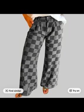 Checkerboard Wide-Leg Pants - Gray